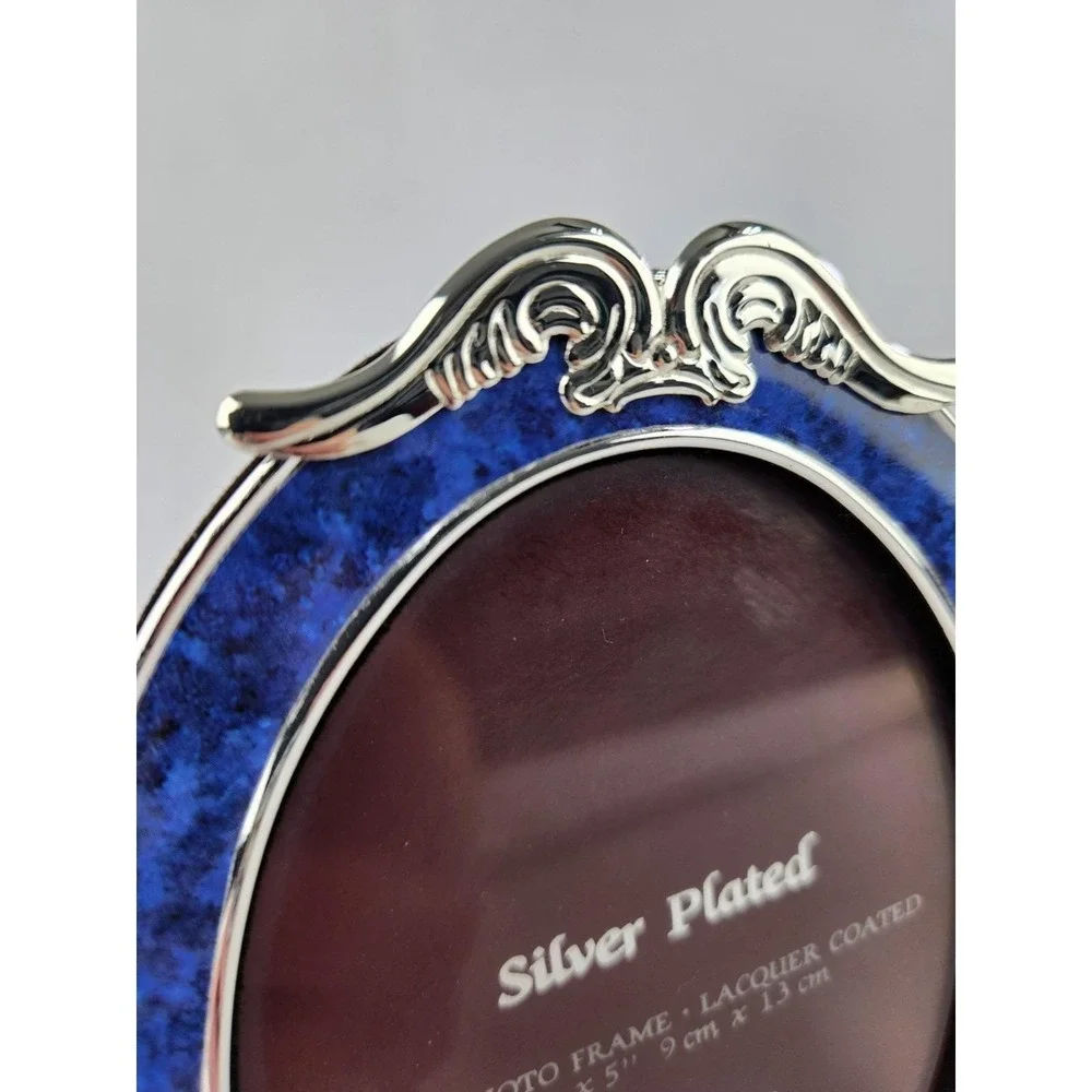 Vtg Picture This Silver Plated 3.5x5 Brass Photo Frame Lacquer Coated Blue Oval‎